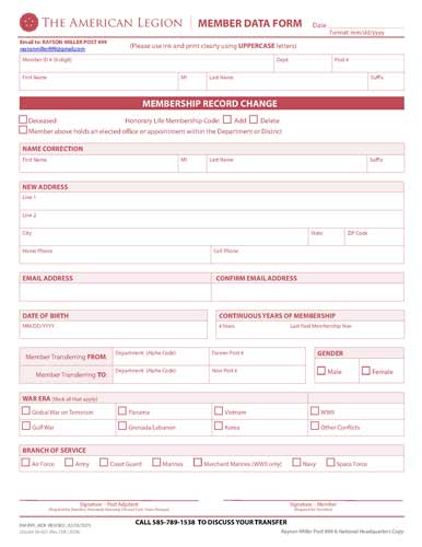 Rayson-Miller Post 899 Member Data Change/Transfer Form